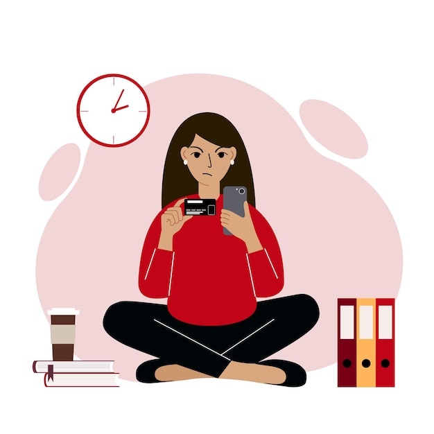 A woman sits cross-legged with a mobile phone in one hand and a bank card in the other. Concept of credit, deposit, payment, debit online. Vector flat illustration