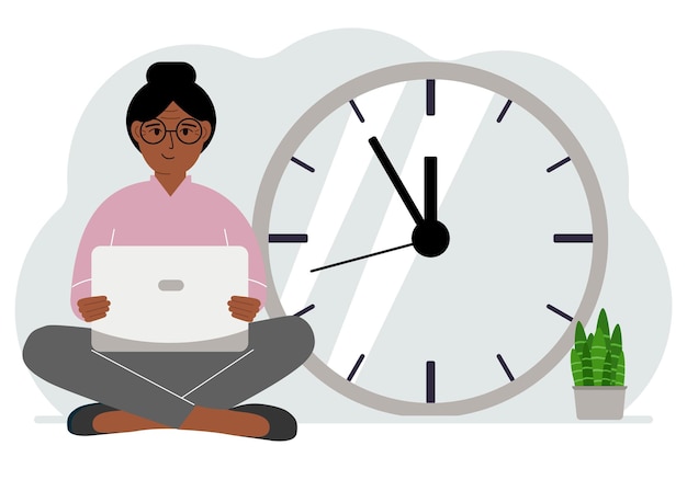 Vector a woman sits crosslegged and holds a laptop next to the big clock time management concept little time much time deadline