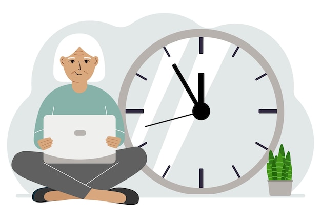 Vector a woman sits crosslegged and holds a laptop next to the big clock time management concept little time much time deadline