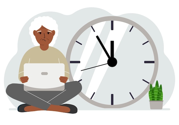 Vector a woman sits crosslegged and holds a laptop next to the big clock time management concept little time much time deadline