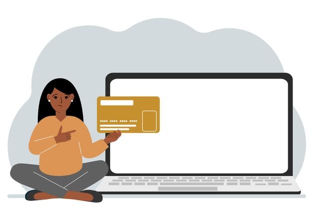 Vector a woman sits crosslegged and holds a large plastic card next to the woman is a large laptop with space for text