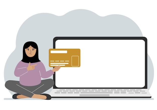 Vector a woman sits crosslegged and holds a large plastic card next to the woman is a large laptop with space for text