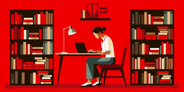 Vector a woman sits at a desk in front of a red wall with a bookcase in the background