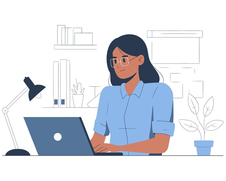 Vector a woman sits at a desk with a laptop and a bird flying in the background