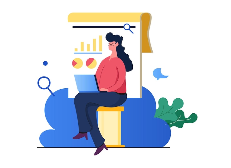 Vector a woman sits at a desk with a laptop and a chart that says the word