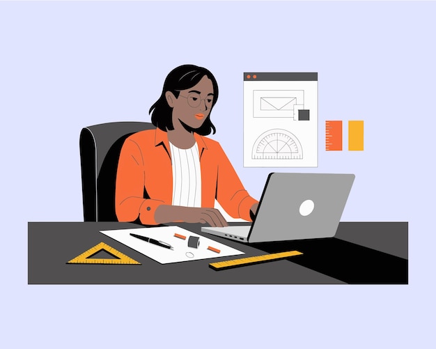 a woman sits at a desk with a laptop and a picture of an envelope with the letter on it