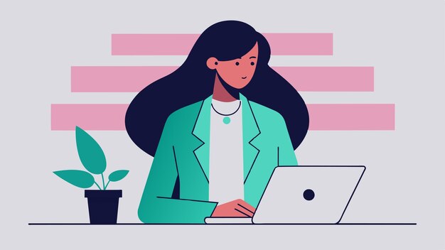 a woman sits at a desk with a laptop and a plant in the background