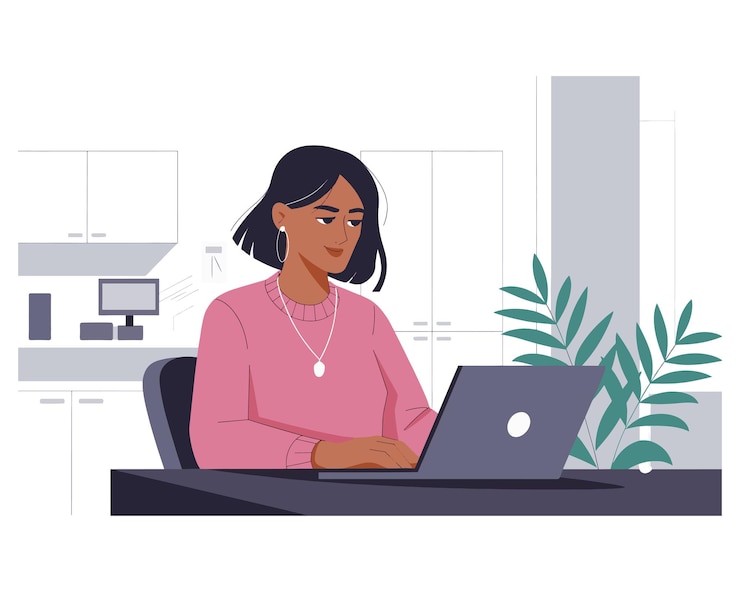 Vector a woman sits at a desk with a laptop and a plant in the background