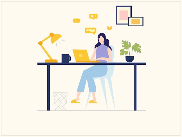 a woman sits at a desk with a laptop and plant