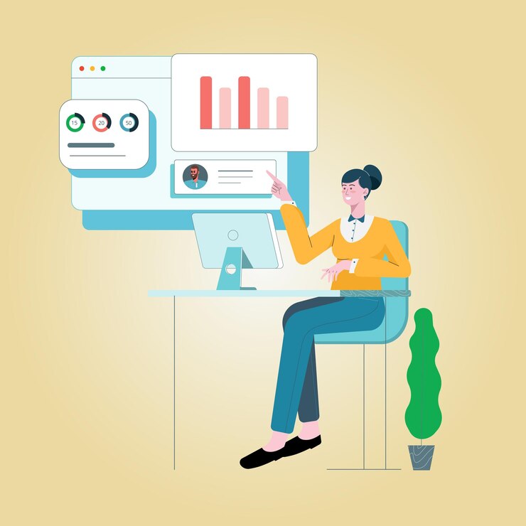 Vector a woman sits at a desk with a screen that says'how to get a job '