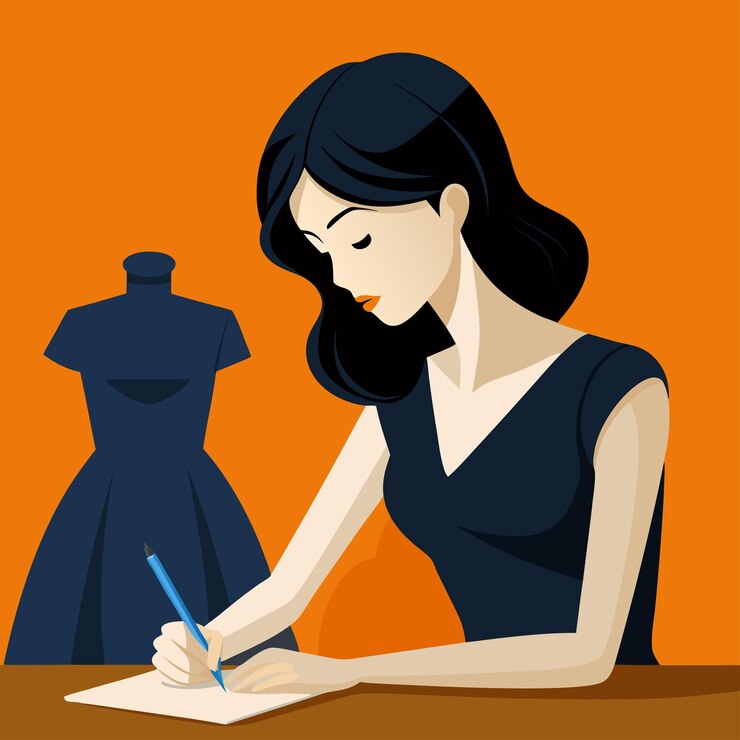 वेक्टर a woman sits at a desk writing in a notebook with a pen