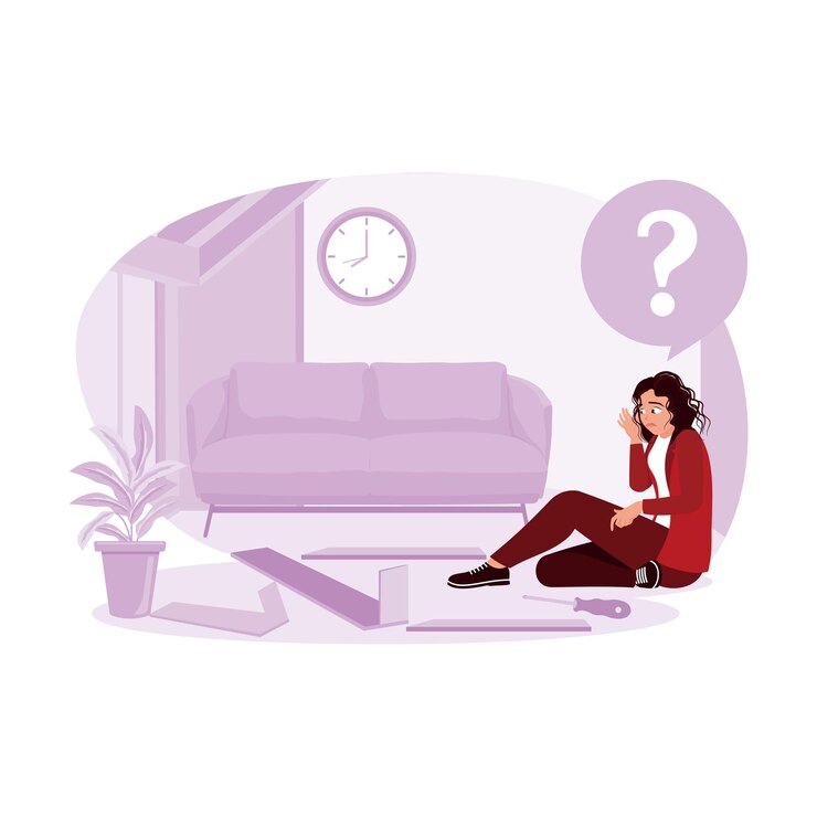 Vector a woman sits on the floor of her house surprised at the difficulty of installing a wooden shelf