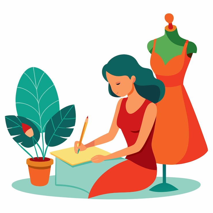 वेक्टर a woman sits in front of a dress and reads a book