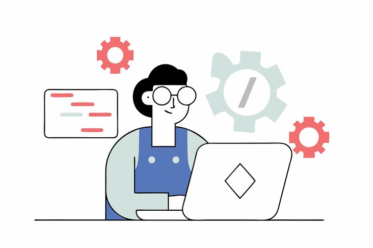 Vector a woman sits in front of a laptop with a clock on the top