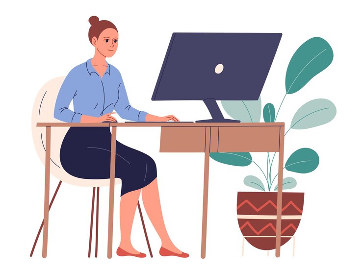Vector woman sits at her desk in her workplace and works.