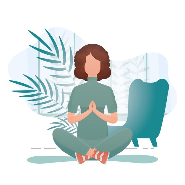 A woman sits in the lotus position Healthy lifestyle concept Cartoon style