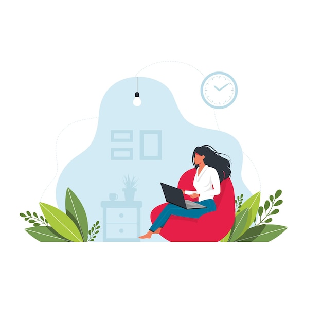Woman sits on an ottoman and works at a laptop. woman with laptop sits on a large pouf. Concept of comfortable work in the office or at home. Vector. Freelance or studying concept. Home office concept