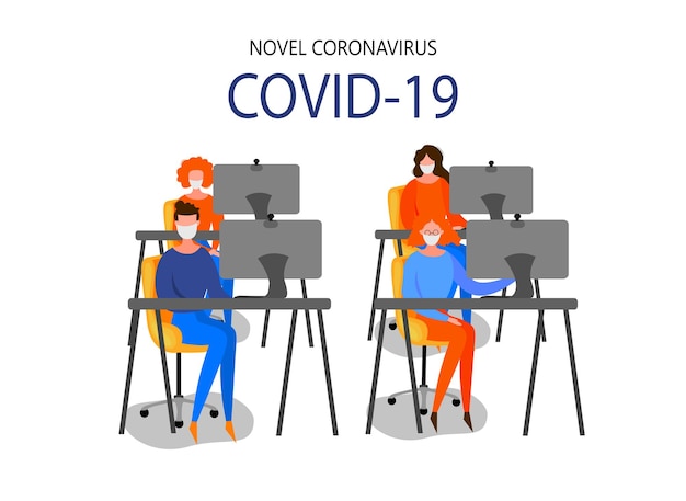 La donna si siede a un personal computer e studia le ultime notizie sull'epidemia di coronavirus 2019-ncov isolata su uno sfondo bianco. concetto di epidemiologia pandemica. illustrazione piana di vettore.