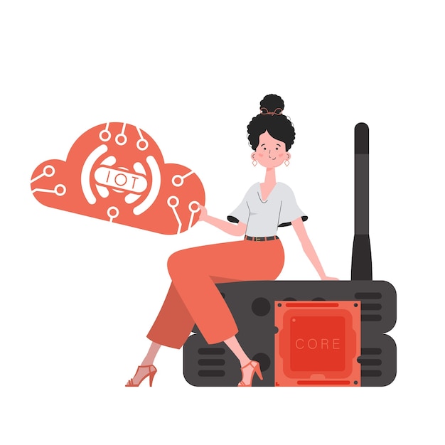 Женщина сидит на маршрутизаторе и держит в руках логотип Интернета вещей Концепция IoT Изолированная векторная иллюстрация