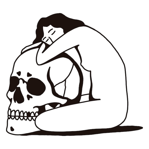 A woman sits on a skull with her head on it.