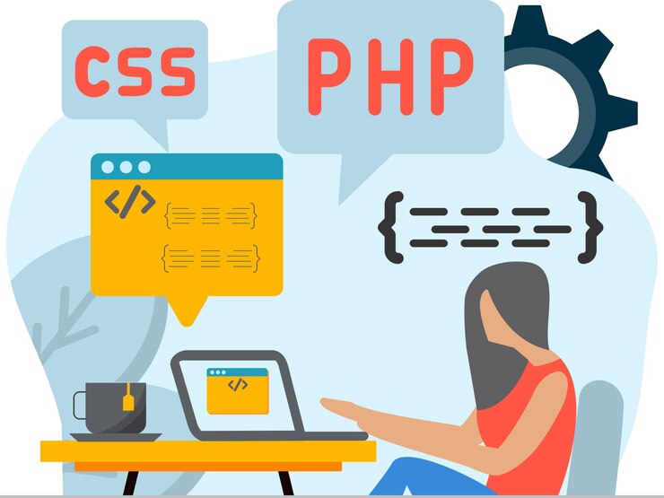 Vector a woman sits at a table with the word css on it