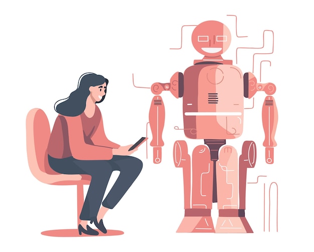 A woman sits with a tablet in her hands next to a robot with artificial intelligence