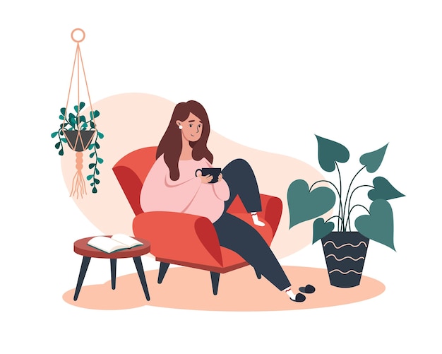 Женщина сидит и отдыхает на кресле с кофе, отдыхает дома