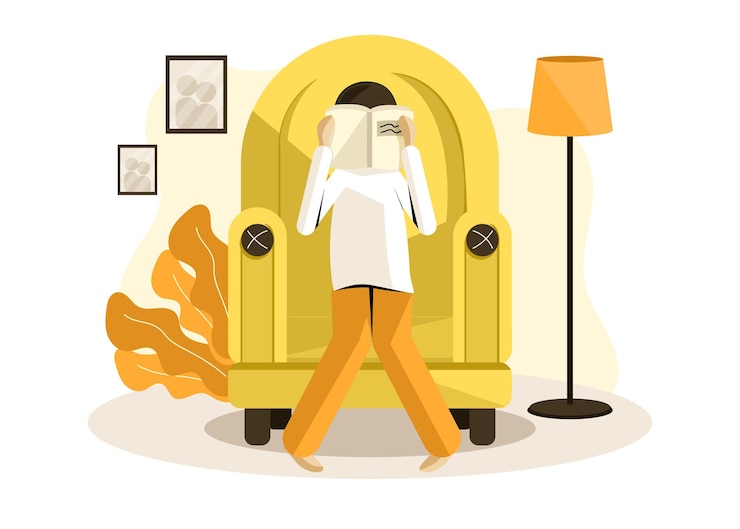 Vector woman sitting on the armchair and hiding her face with a book