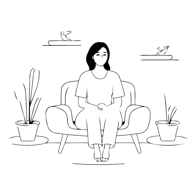 Vector woman sitting in armchair at home vector illustration in flat style