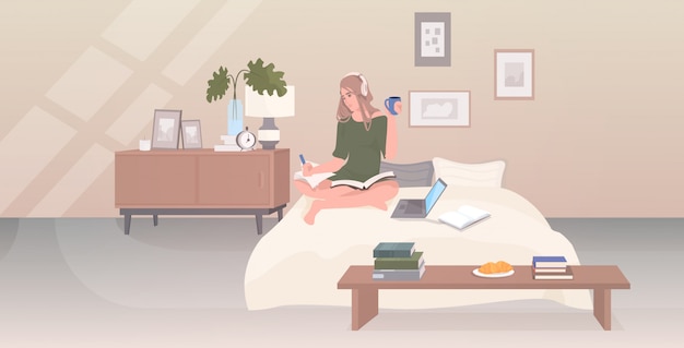 Vector woman sitting on bed drinking listening music