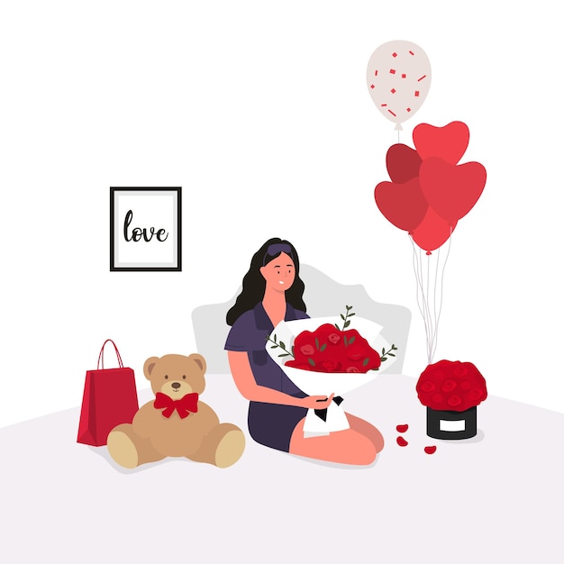 Vector woman sitting on the bed with gifts