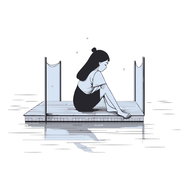 Vector woman sitting on a bench and looking at the sea