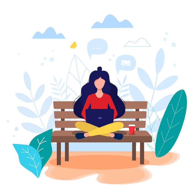 Vector woman sitting on the bench with laptop