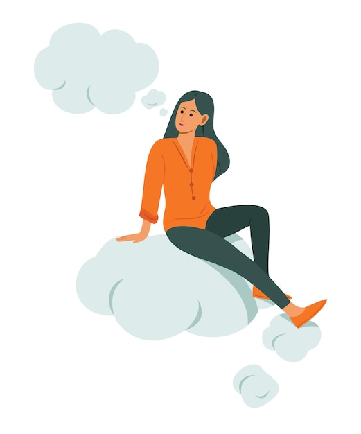 Vector woman sitting on a big bubble and thinking good idea