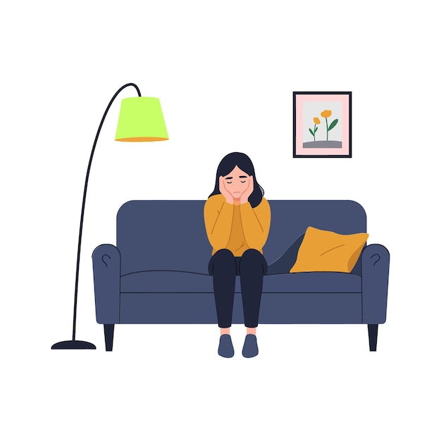 a woman sitting on a blue couch with hands on her face in a minimal flat design style vector illustration representing contemplation and emotional reflection in a cozy setting