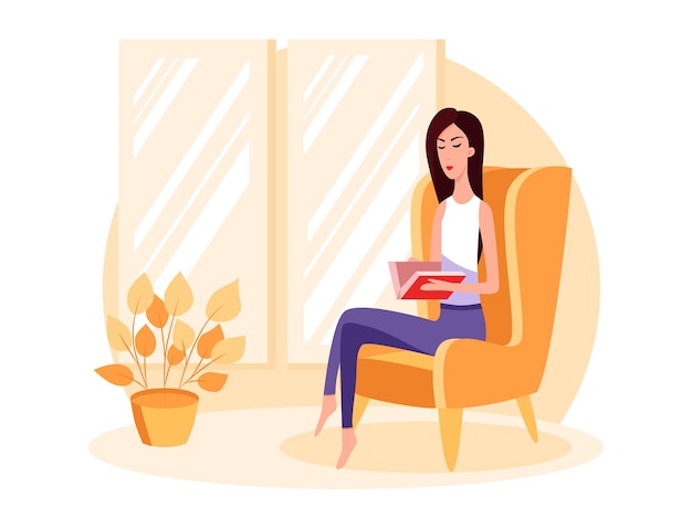 Woman sitting on an chair and reading a book. color vector cartoon illustration. stay home.