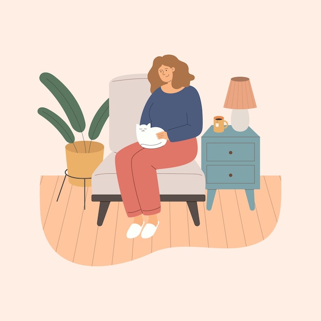 Vector woman sitting on a chair and stroking a cat