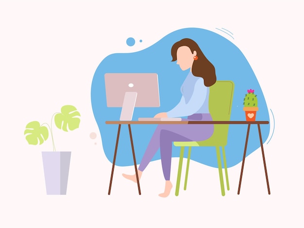 Vector woman sitting on the chair working on the laptop vector illustration in flat style