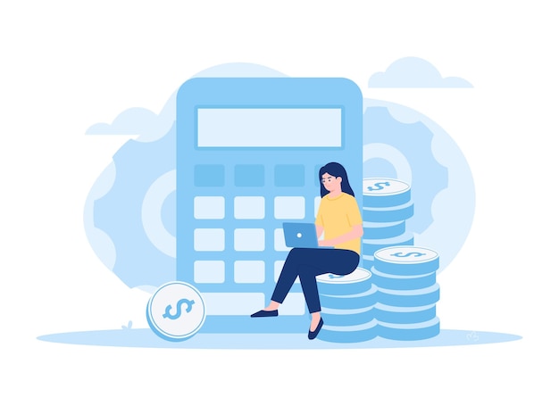 A woman sitting on coins and calculates income business trending concept flat illustration