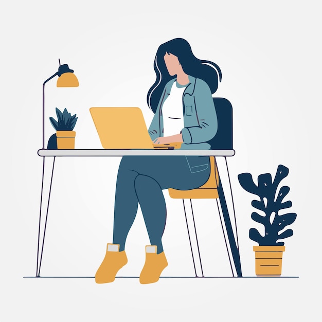 Vector woman sitting at computer working minimalist vector illustration