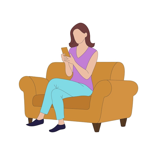 Woman sitting on a couch looking at her phone Flat vector illustration on white background