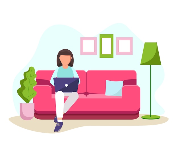 Vector woman sitting on a couch with a laptop and working from home. student or freelancer