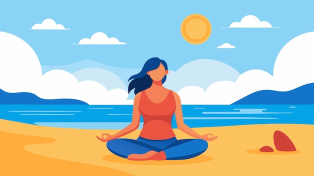 A woman sitting crosslegged on a beach listening to a guided meditation that leads her through a