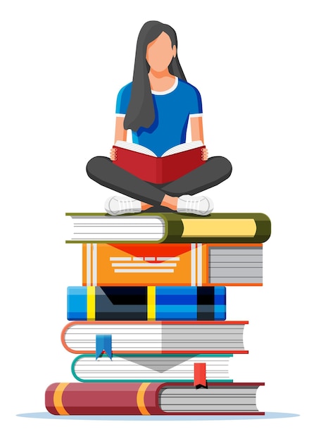 Woman sitting crosslegged on stack of books