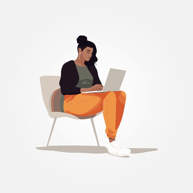 Vector woman sitting at desk working on laptop