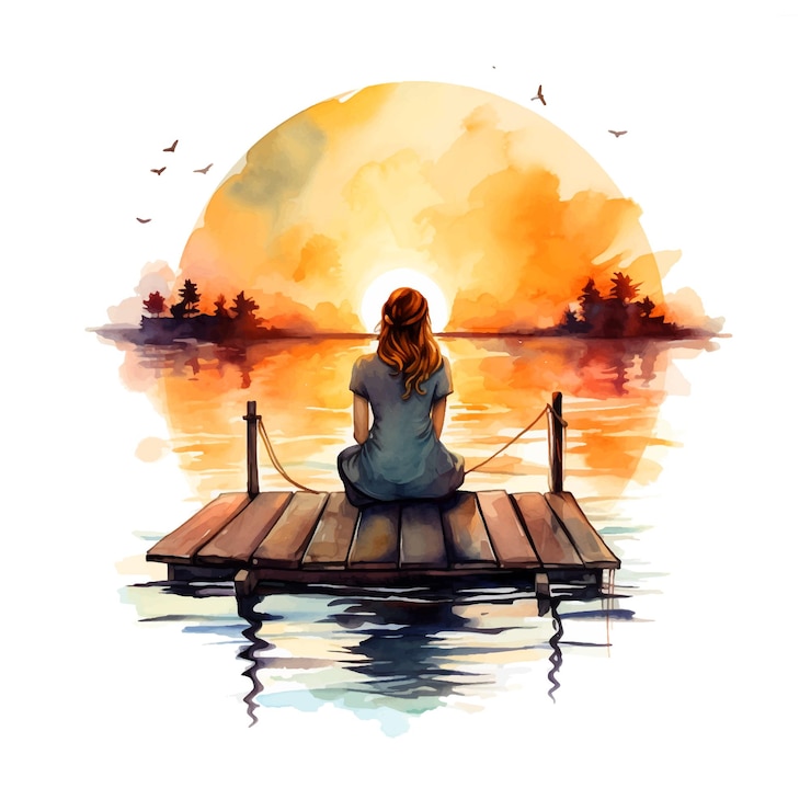 Vector woman sitting on a dock in sunset watercolor painting