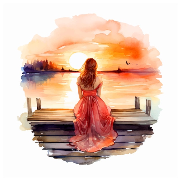 Vector woman sitting on a dock in sunset watercolor painting