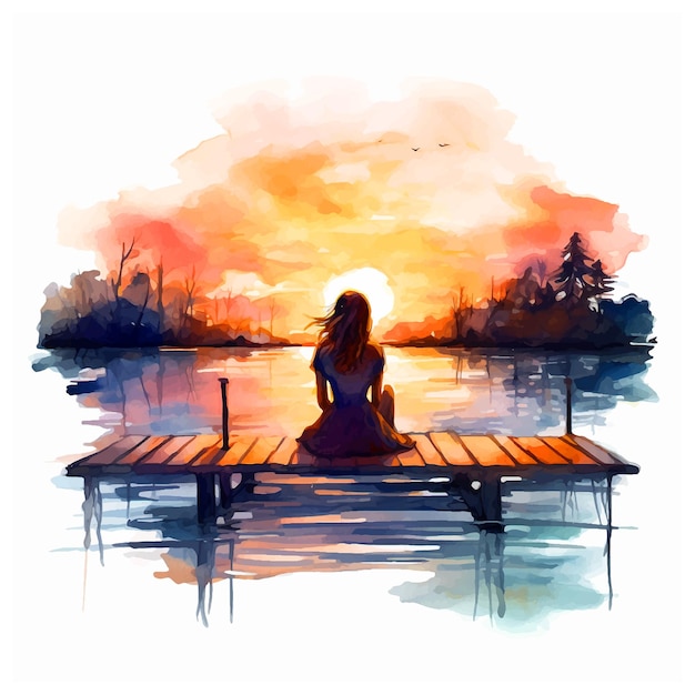 Vector woman sitting on a dock in sunset watercolor painting