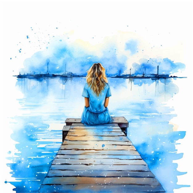 Vector woman sitting on a dock watercolor paint