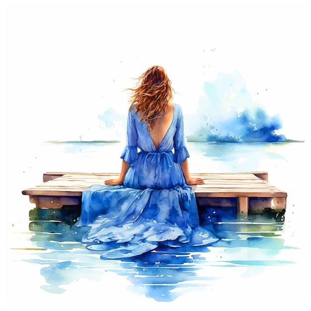 Woman sitting on a dock watercolor paint